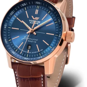 Herrenuhr: blaues Zifferblatt, roségoldenes Gehäuse, braunes Lederarmband