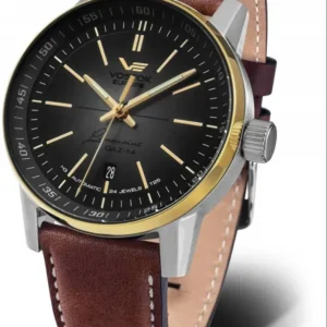 Herrenarmbanduhr mit braunem Lederarmband, schwarzem Zifferblatt und Datumsanzeige