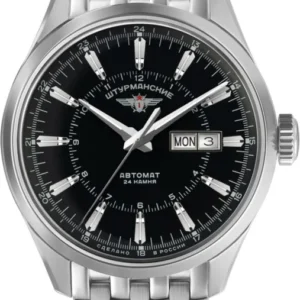 Herrenuhr mit schwarzem Zifferblatt, Metallarmband und Datumsanzeige 'MON'