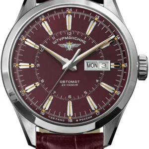 Herrenarmbanduhr mit burgunder Zifferblatt, braunem Lederband und Datumsanzeige „MON“