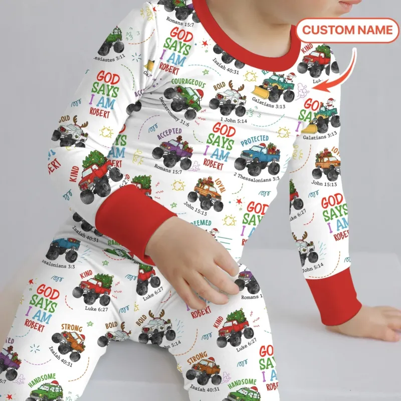 Personalized God Says I Am Christmas Monster Truck Two Piece Long Sleeve Pajama Set , Personalized God Says I Am Christmas Monster Truck Two Piece Long Sleeve Pajama Set - 12-18M