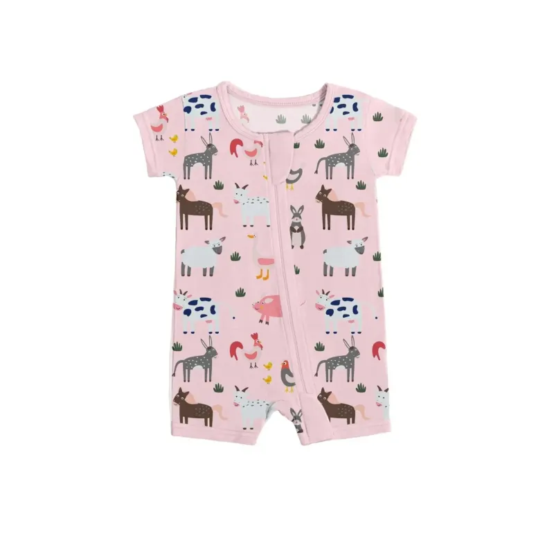 Pink Farm Animals Shorty Zippered Romper , Pink Farm Animals Shorty Zippered Romper - 0-3M