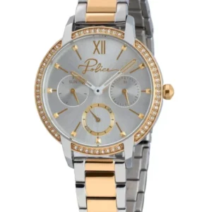 Bicolor Damenarmbanduhr mit silbernem/goldfarbenem Metallband, runder Lünette mit Strass