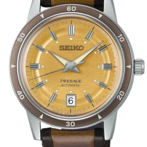 SEIKO Presage Herrenuhr mit gelbem Zifferblatt, braunem Lederband, silbernem Gehäuse