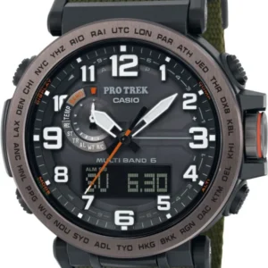 Casio Pro Trek Herrenarmbanduhr mit grünem Textilband, schwarzem Zifferblatt und Digitalanzeige
