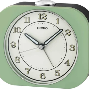Seiko klassischer Wecker mit grünem Kunststoffgehäuse, rundem weißem Zifferblatt und analogen Zeigern