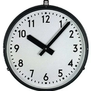 Wanduhr mit rundem schwarzem Metallrahmen, weißem Zifferblatt und schwarzen Zeigern