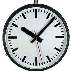 Runde Wanduhr mit schwarzem Rahmen, weißem Zifferblatt und schwarzen Zeigern