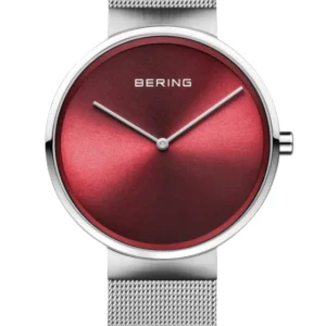 Bering Classic Armbanduhr mit silbernem Metallband und rotem Zifferblatt, Saphirglas