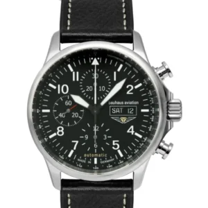Herren-Automatikchronograph mit schwarzem Lederband und schwarzem Zifferblatt, Saphirglas