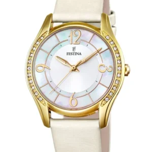 Festina Damenuhr mit beigem Lederband, weißem Zifferblatt und goldenem Edelsteinrahmen