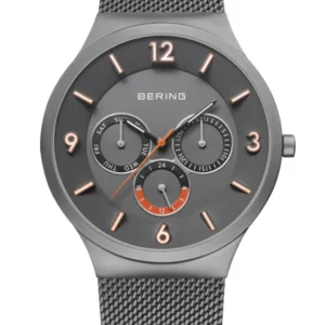 Herrenuhr Bering mit grauem Meshband, rundem Zifferblatt und orangefarbenen Akzenten
