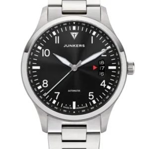 Junkers Herrenarmbanduhr mit schwarzem Zifferblatt, Datumsanzeige, Edelstahlband.