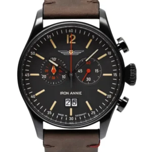 Iron Annie Herren-Chronograph, schwarzes Zifferblatt, braunes Lederarmband