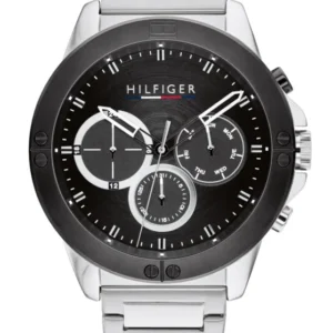 Tommy Hilfiger Herrenarmbanduhr mit schwarzem Zifferblatt, silbernem Stahlband