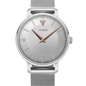 Silberfarbene Damenuhr mit Metallarmband, rundem Zifferblatt, aufgesetzter Krone und Indexen