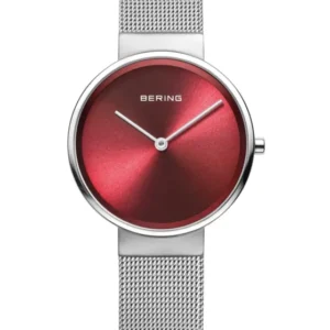 BERING Damenuhr mit rotem Zifferblatt, runder Lünette und silbernem Mesh-Armband.