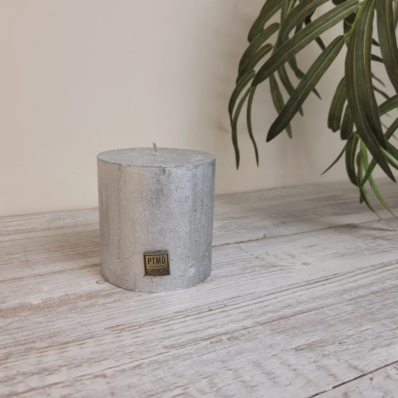 PTMD Stumpenkerze Silber Struktur Rustikal Kerze Deko 10cm