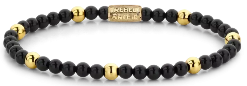 Armband mit schwarzen Perlen und goldfarbenen Elementen, Edelstahlverschluss