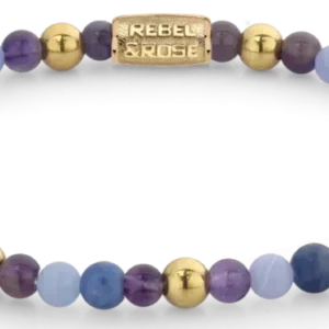 Edelsteinarmband mit violetten und blauen Perlen sowie goldfarbenen Kugel-Elementen