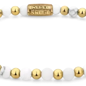Armband aus weißen Howlith-Perlen und goldfarbenen Kugeln mit Edelstahlverschluss