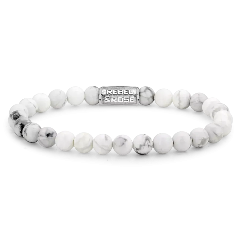 Armband mit weißen Edelsteinkugeln (6 mm) und Edelstahlverschluss Rebel&Rose