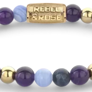 Armband aus lila und hellblauen Steinperlen mit goldfarbenen Zwischenelementen und Verschluss