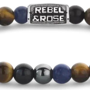 Armband aus Edelsteinen mit blauen und gelbgoldenen Perlen sowie grauen Hämatitsteinen, Verschluss REBEL&ROSE