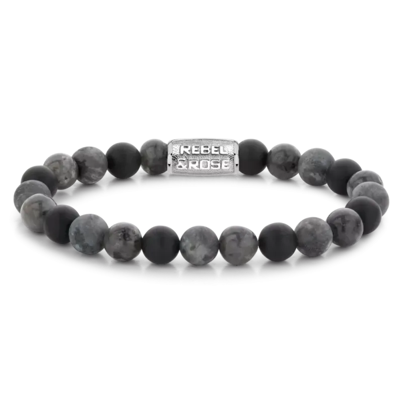 Armband mit grauen 8‑mm-Edelsteinen und Edelstahlverschluss, Perlenarmband