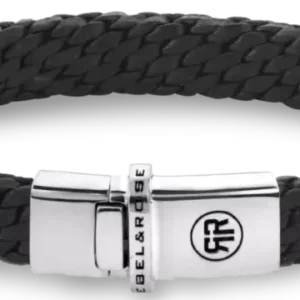 Geflochtenes schwarzes Lederarmband mit silbernem Magnetverschluss, rechteckige Schließe.