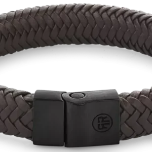 Geflochtenes Lederarmband, dunkelbraun, mit schwarzem Edelstahlverschluss, rechteckig