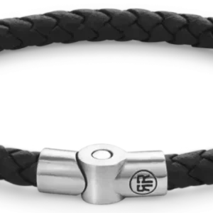 Geflochtenes Armband aus schwarzer Lederschnur mit Edelstahlverschluss und Rund-Logo