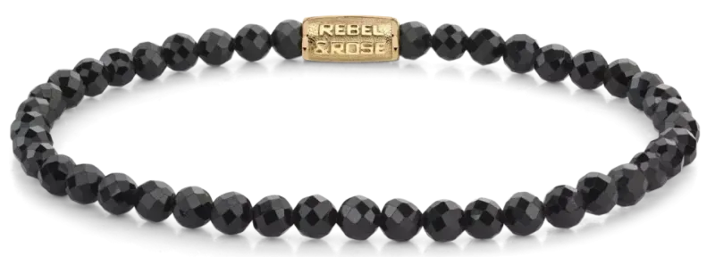 Armband mit facettierten schwarzen Spinelperlen und Edelstahlverschluss, Rebel&Rose-Tag