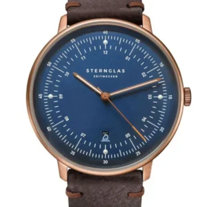Herrenuhr mit blauem Zifferblatt, roségoldener Lünette und braunem Lederarmband