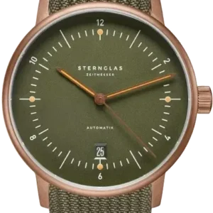 Sternglas Herrenuhr, olivgrünes Zifferblatt, braun-rosafarbenes Gehäuse, olivgrünes Band