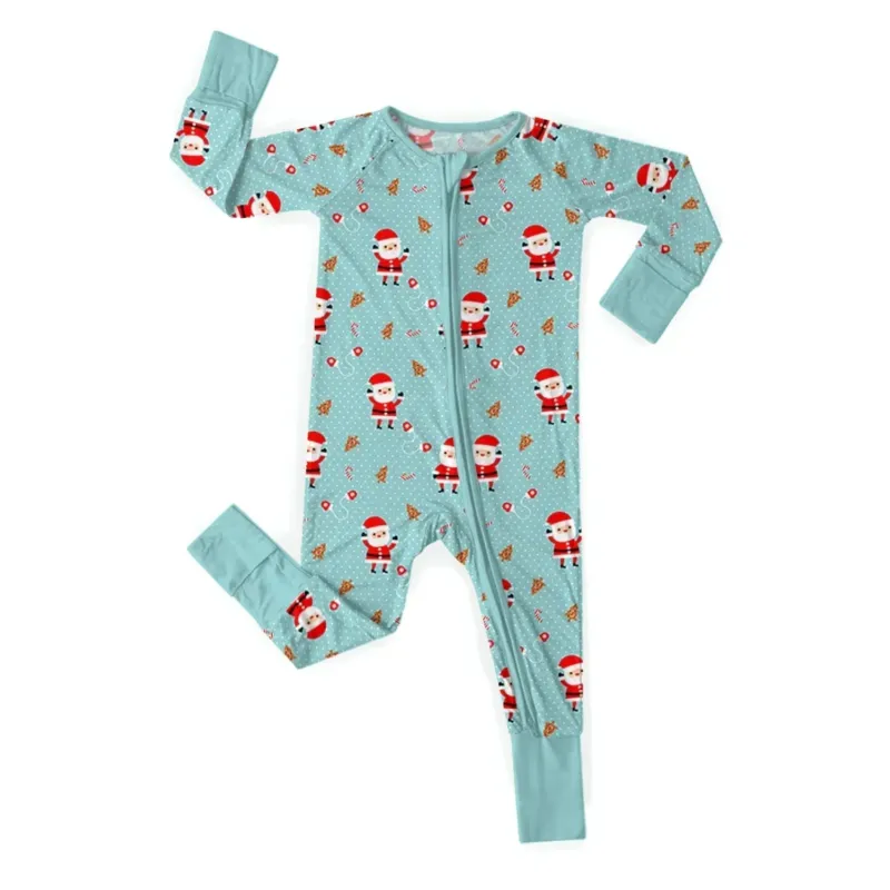 Santa Pattern Cyan Convertible Zippered Romper , Santa Pattern Cyan Convertible Zippered Romper - Newborn