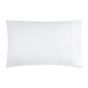 Sferra Giza 45 Severina white pillowcase with champagne embroidered scroll border.