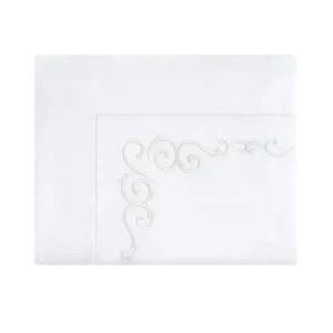 Sferra Giza 45 Severina white flat sheet with champagne scroll embroidery.