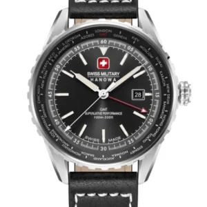 Swiss Military Hanowa GMT-Uhr mit schwarzem Lederband und schwarzem Zifferblatt