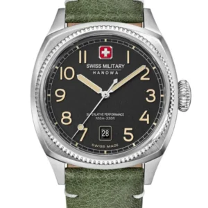 Herrenarmbanduhr mit grünem Lederband, Edelstahlgehäuse und schwarzem Zifferblatt