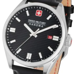 Herrenuhr mit Edelstahlgehäuse, schwarzem Zifferblatt, Datum 28 und Lederband