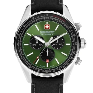 Herren-Chronograph mit grünem Zifferblatt, schwarzem Lederband und Chronographen-Anzeigen