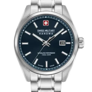 Herrenarmbanduhr Swiss Military Hanowa, blaues Zifferblatt, Edelstahlarmband, Datumsfenster