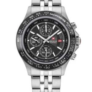 Herren-Chronographenuhr mit schwarzem Zifferblatt, Tachymeter und Edelstahlarmband
