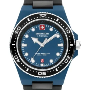Herrenarmbanduhr mit blauem Zifferblatt, schwarzer Lünette und schwarzem Kautschukband