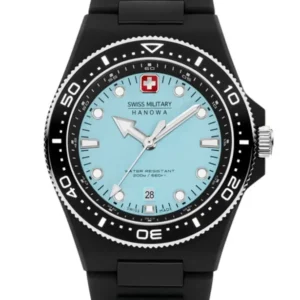 Schwarze Swiss Military Hanowa Taucheruhr mit 45-mm Zifferblatt, Lünette und Datumsanzeige