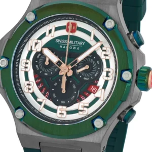 Swiss Military Hanowa Chronographenuhr mit grünem Silikonarmband und grauem Gehäuse