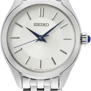Damenuhr mit silbernem Metallarmband und rundem weißem Zifferblatt, blaue Zeiger, SEIKO