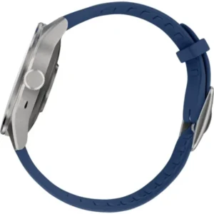 Hybrid-Smartwatch mit blauem Silikonarmband und silbernem Gehäuse, seitliche Ansicht