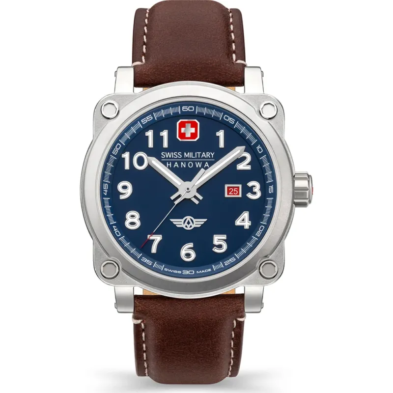 Herrenarmbanduhr Swiss Military Hanowa mit braunem Lederband, blauem Zifferblatt und Leuchtindizes